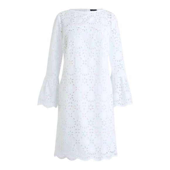 J Crew Dress Womens Sz 2 White Bell Sleeve Eyelet Embroidered Sheath Feminine - Picture 1 of 10